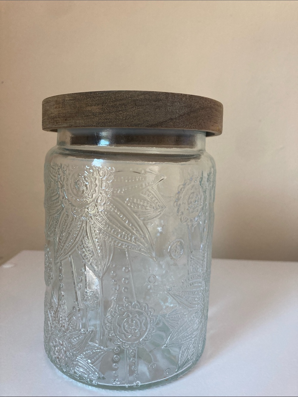 Embossed Glass Storage Jar with Wooden Lid
